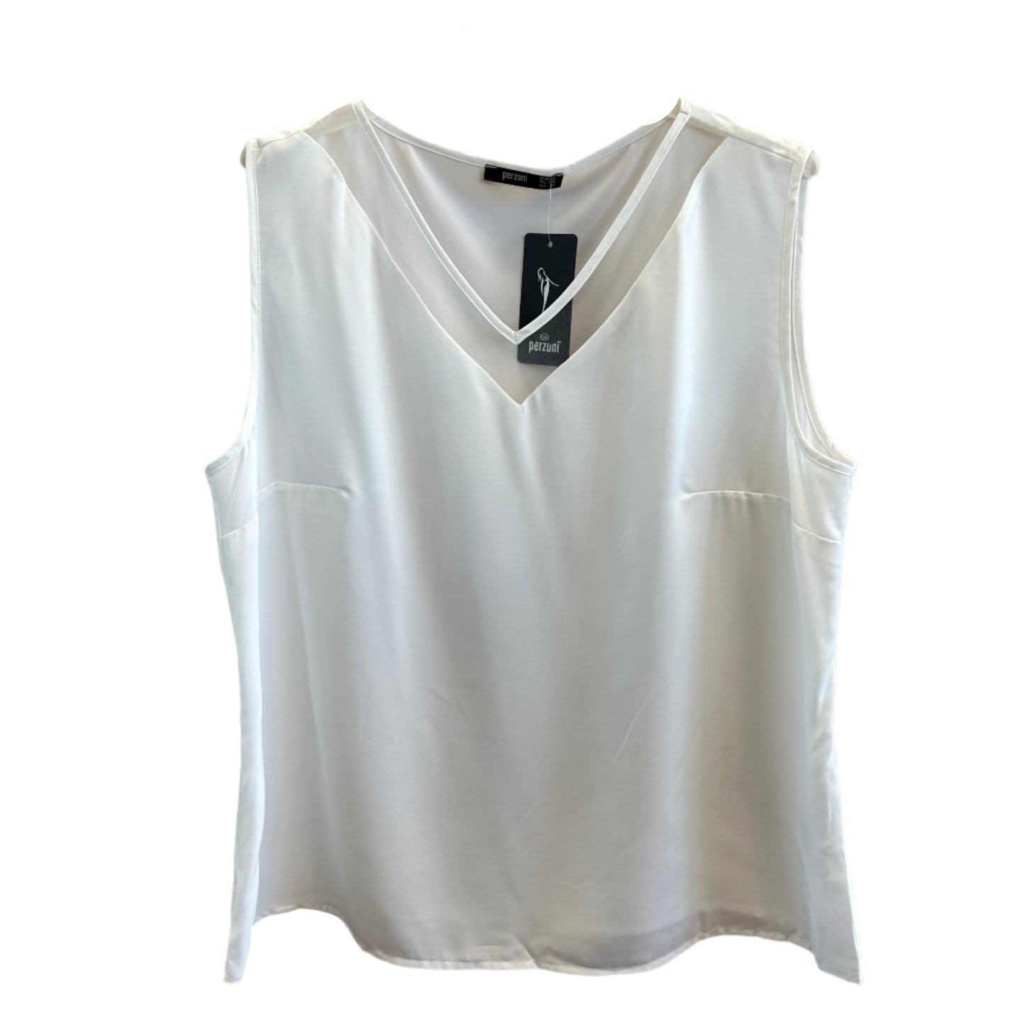 Balta palaidinė be rankovių su V formos iškirpte, pakabinta ant pakabos.