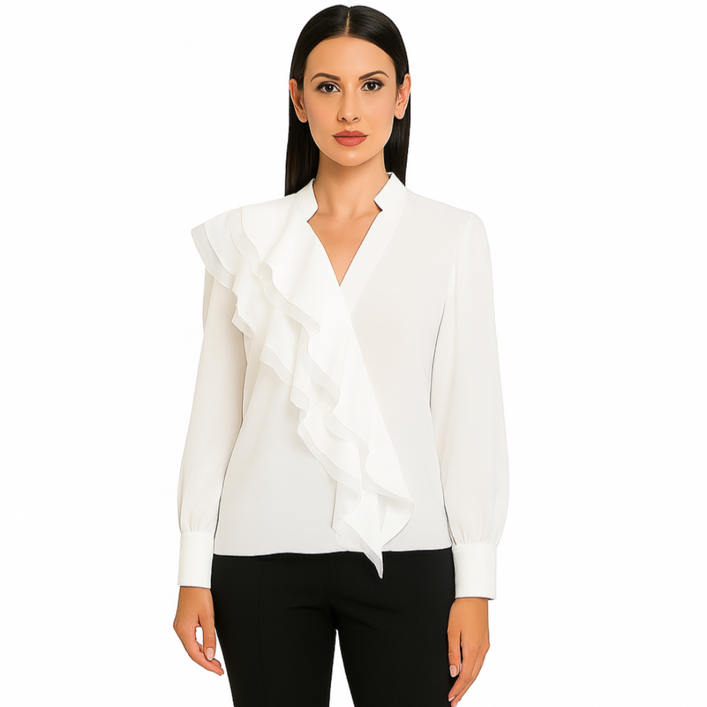 Balta palaidinė su ilgu rankovėmis ir banguota dekoratyvine detale priekyje