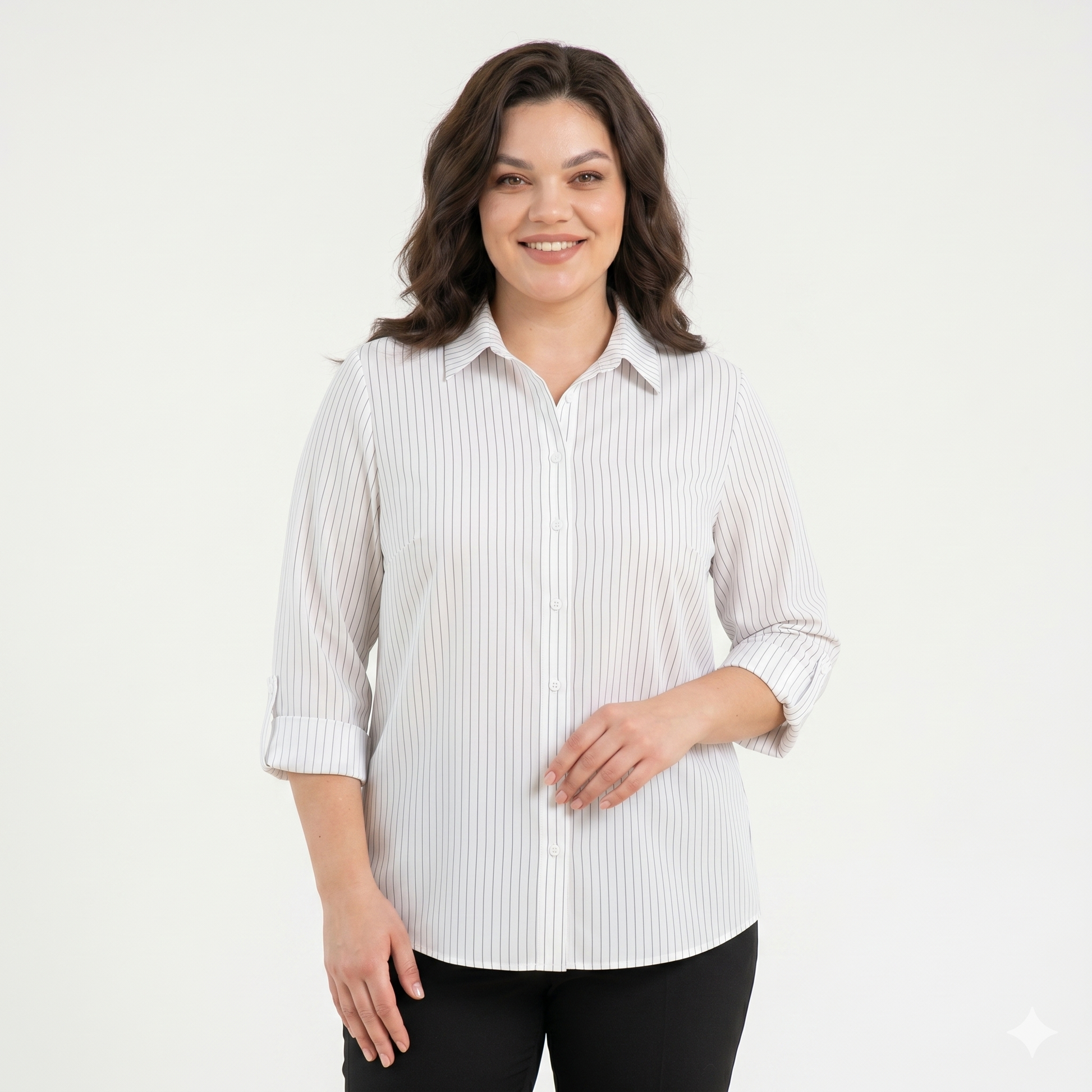 Balti dryžuoti marškiniai didesnių dydžių moterims