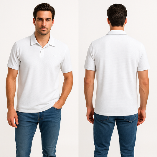 Balti vyriški marškinėliai su apykakle be sagų