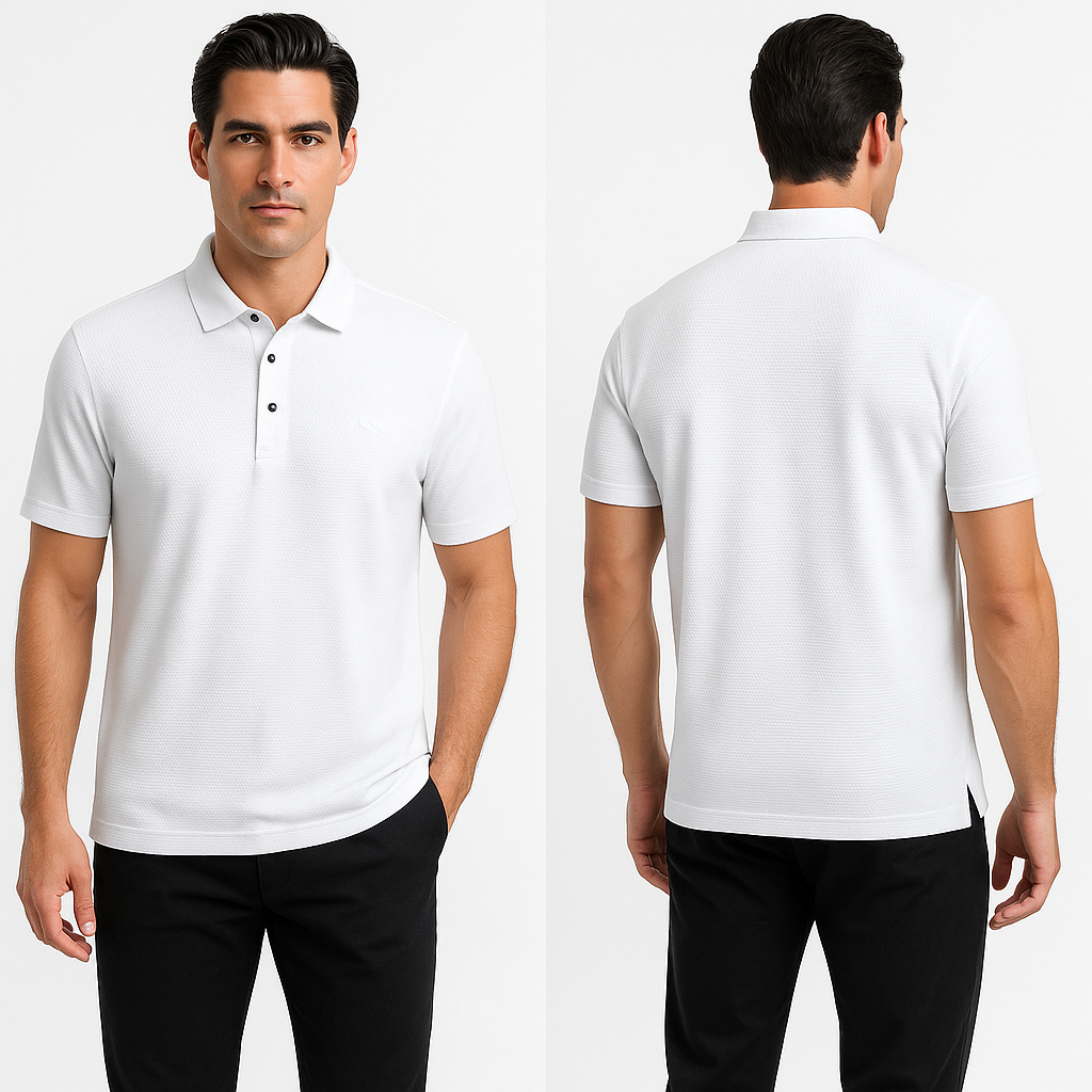 Modelis dėvi klasikinio stiliaus KHAN polo marškinėlius su juodomis sagutėmis, baltos spalvos, kurie puikiai tinka tiek laisvalaikiui, tiek kasdieniam elegantiškam įvaizdžiui.