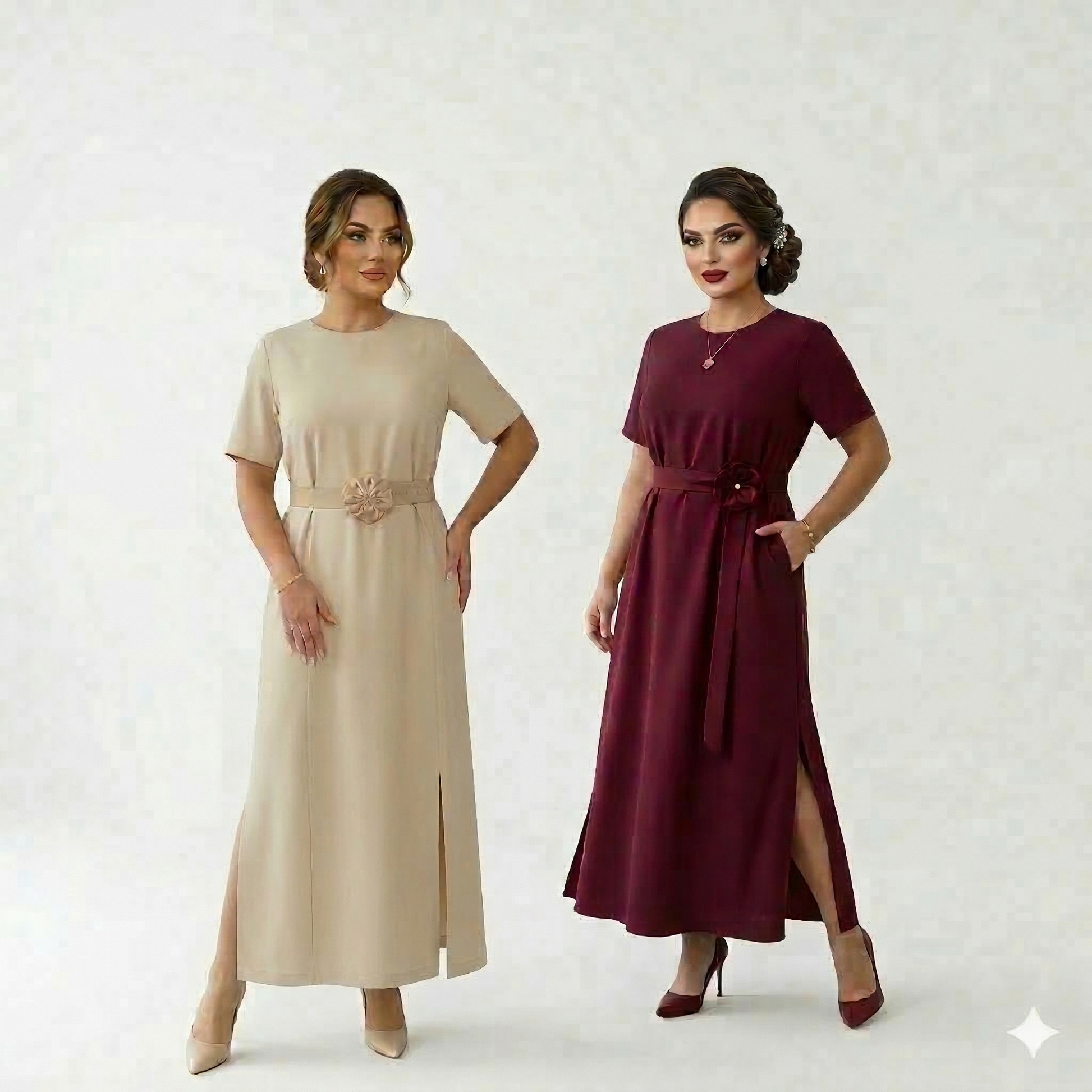 Two women wearing beige and burgundy dresses on a white background