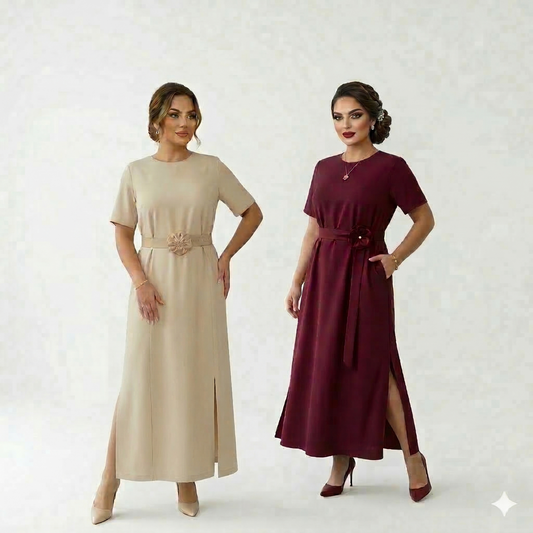 Two women wearing beige and burgundy dresses on a white background