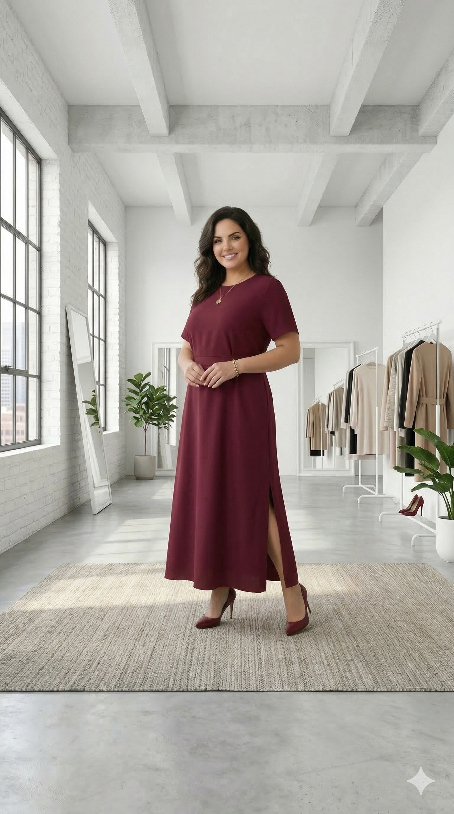 Woman in a burgundy dress standing in a modern interior setting with plants and clothing racks.