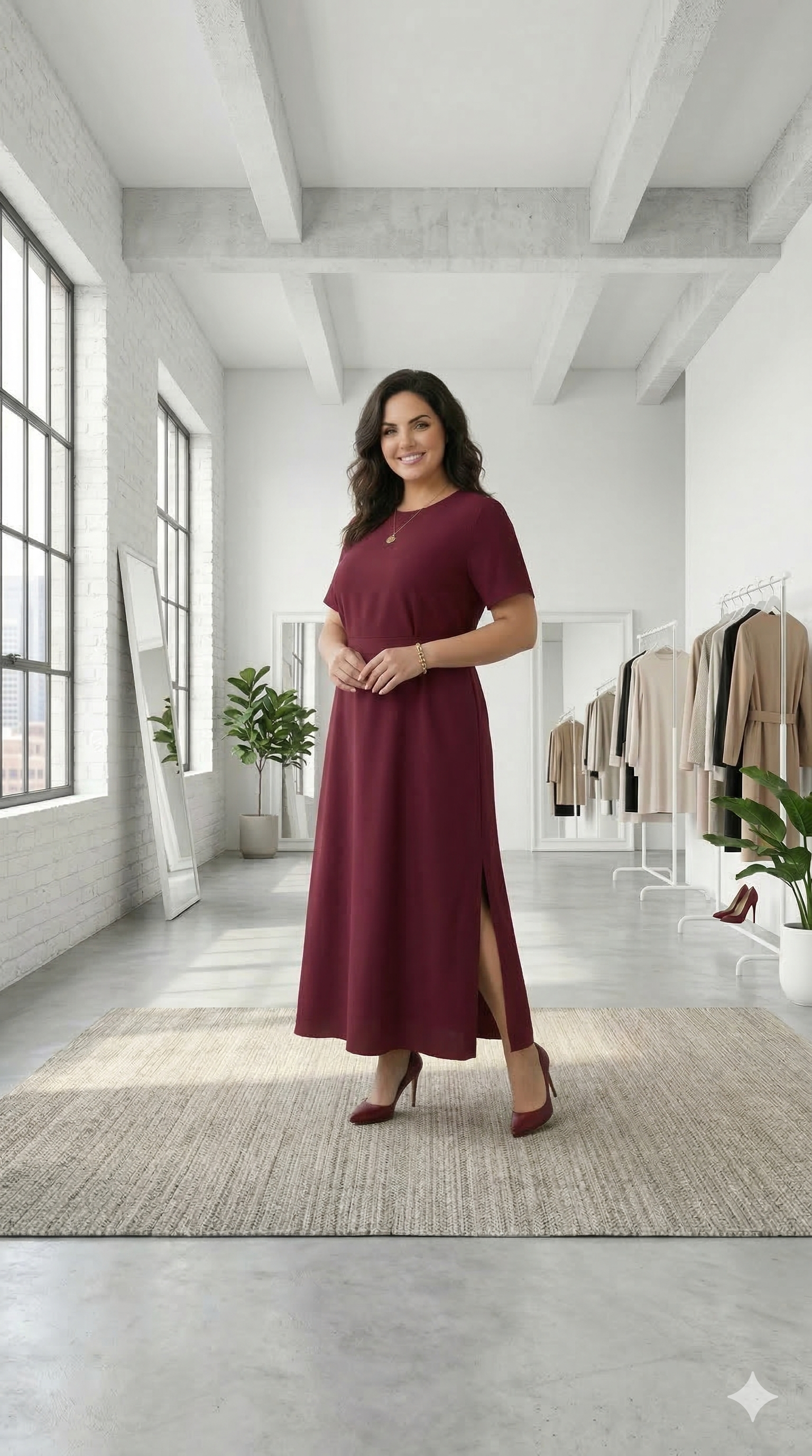 Woman in a burgundy dress standing in a modern interior setting with plants and clothing racks.