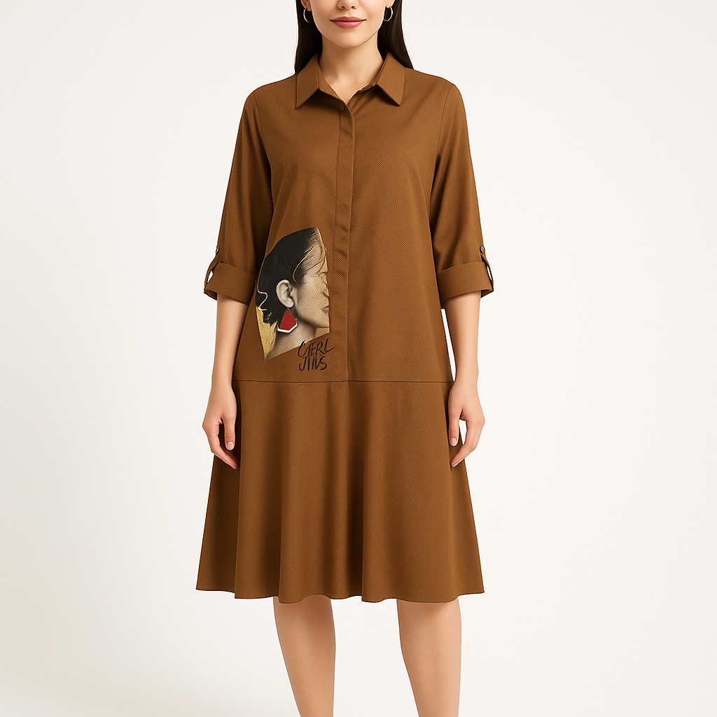 Modelis dėvi rudos spalvos 3/4 rankovių marškininę suknelę iš 100% medvilnės, laisvas A siluetas, dydis 48, vaizdas iš priekio iki kelių