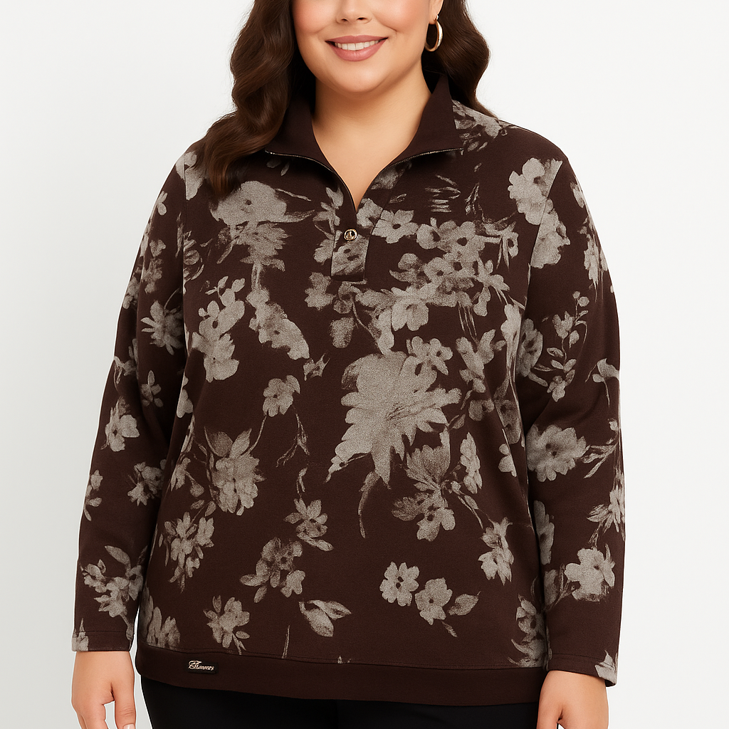 Rudi gėlėto rašto moteriški marškiniai su užsegimu prie kaklo.