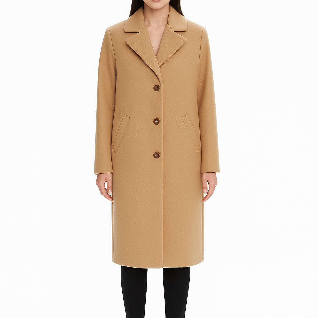 Tan coat worn by a person on a white background