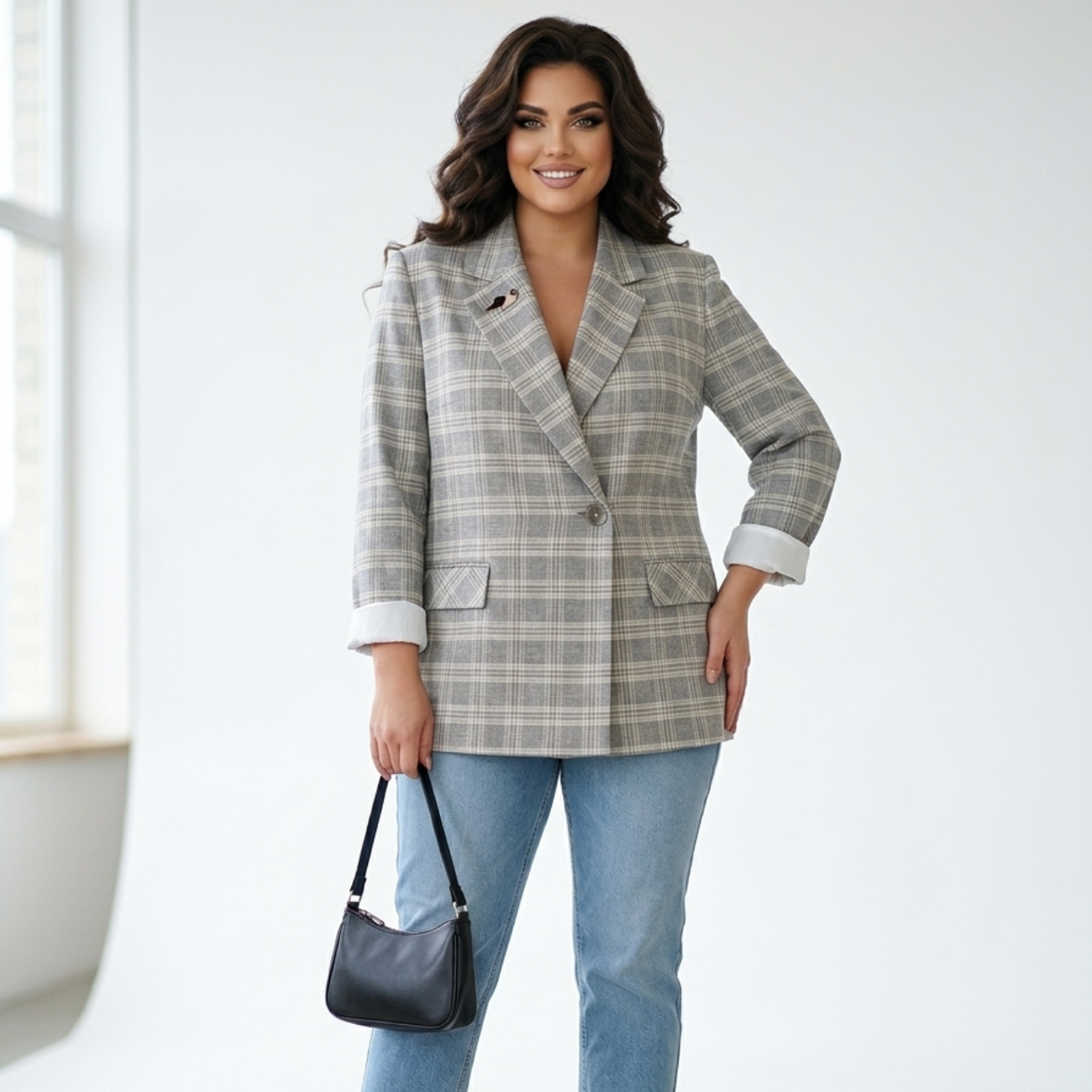 Woman wearing a plaid blazer and jeans with a black handbag indoors.