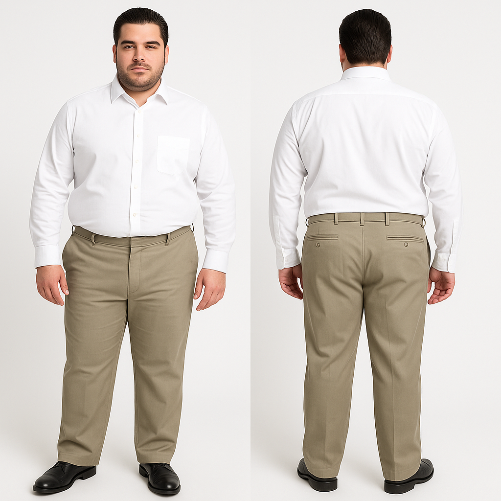 Didelio dydžio modelis dėvi smėlio spalvos kelnes ir baltus marškinius – stilingas ir patogus derinys.