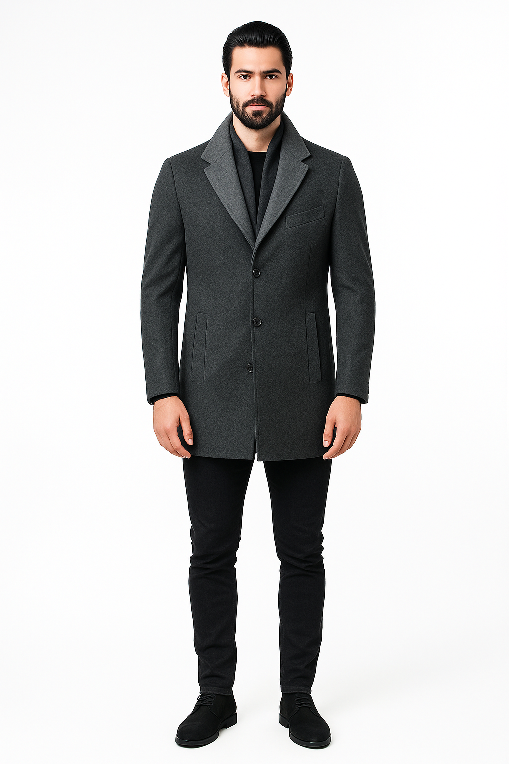 Man wearing a gray coat on a white background