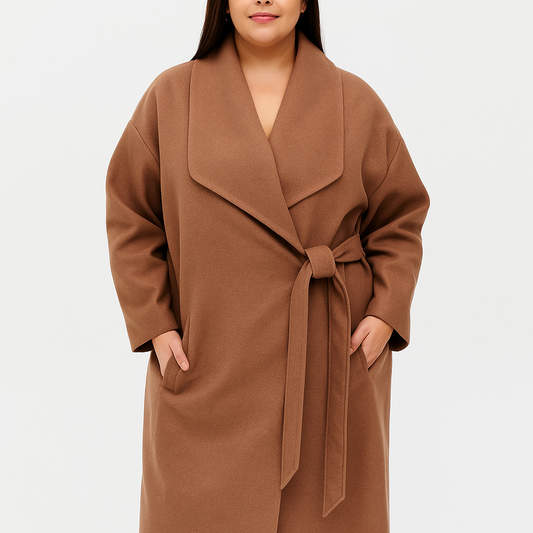 Brown coat worn by a person on a white background