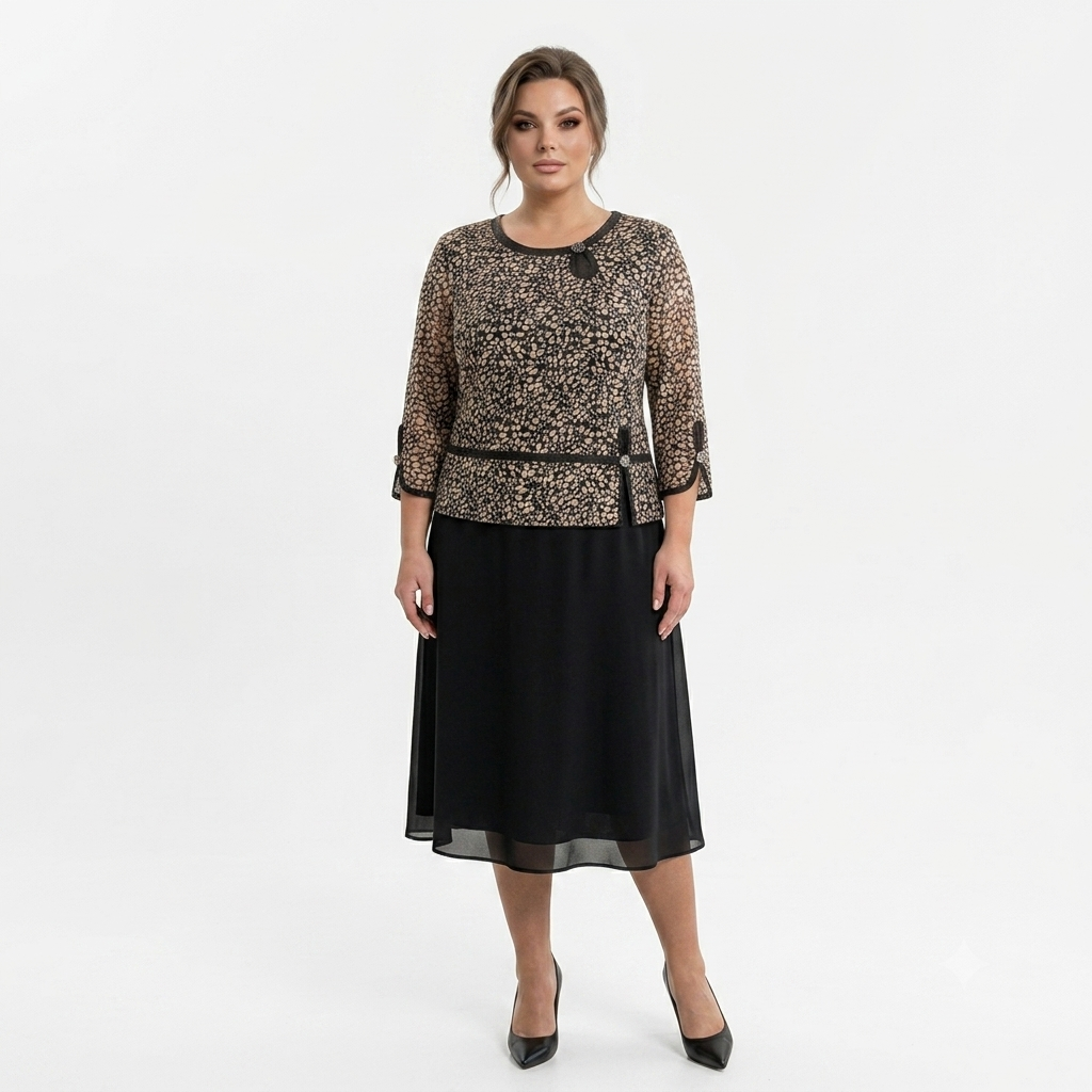 Elegantiška juoda proginė midi suknelė su margu viršumi didelių dydžių moterims