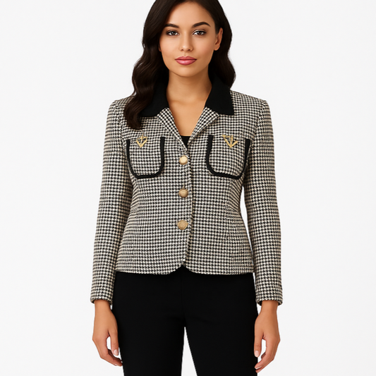 Moteriškas trumpas liemenuotas švarkelis su auksinėmis sagomis, klasikinio stiliaus, demonstruojamas ant modelio