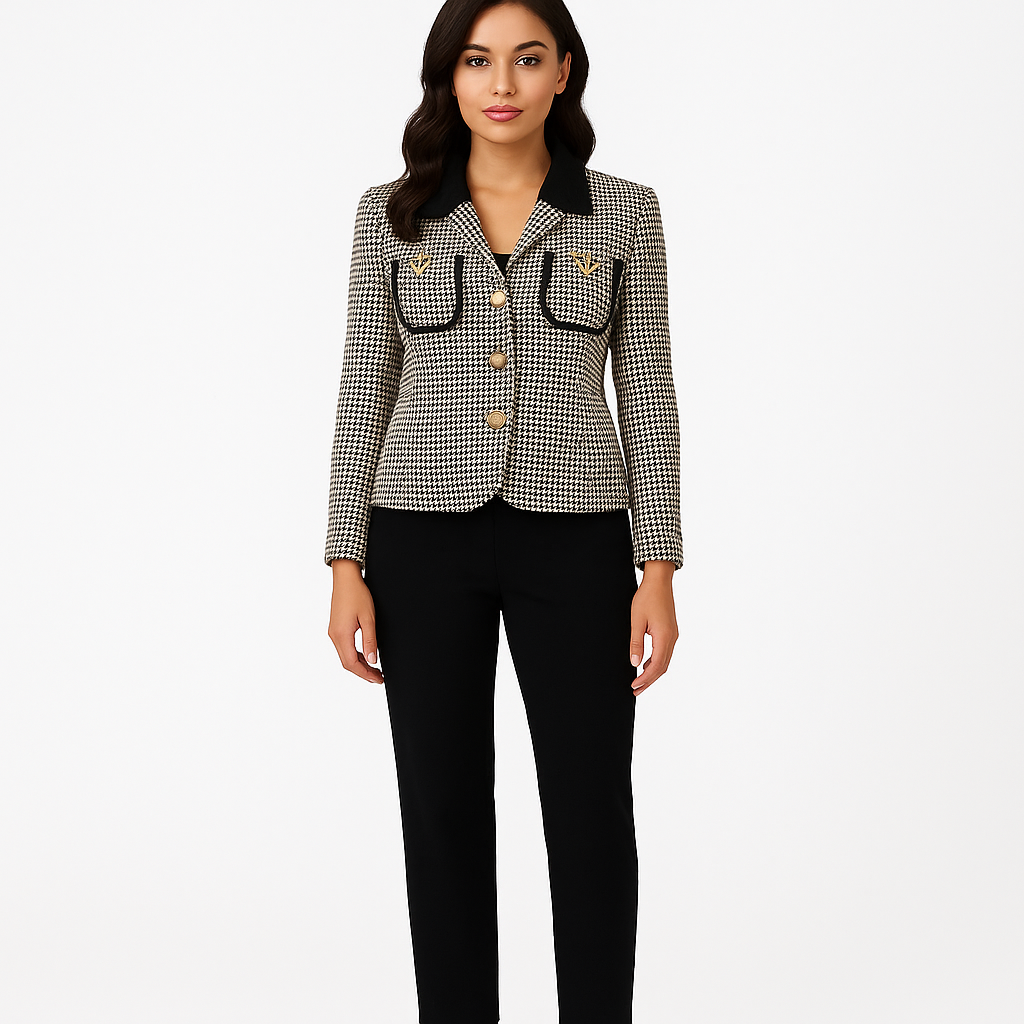 Elegantiškas trumpas švarkelis su auksinėmis detalėmis, tinka prie suknelės ar kelnių, rodo modelis