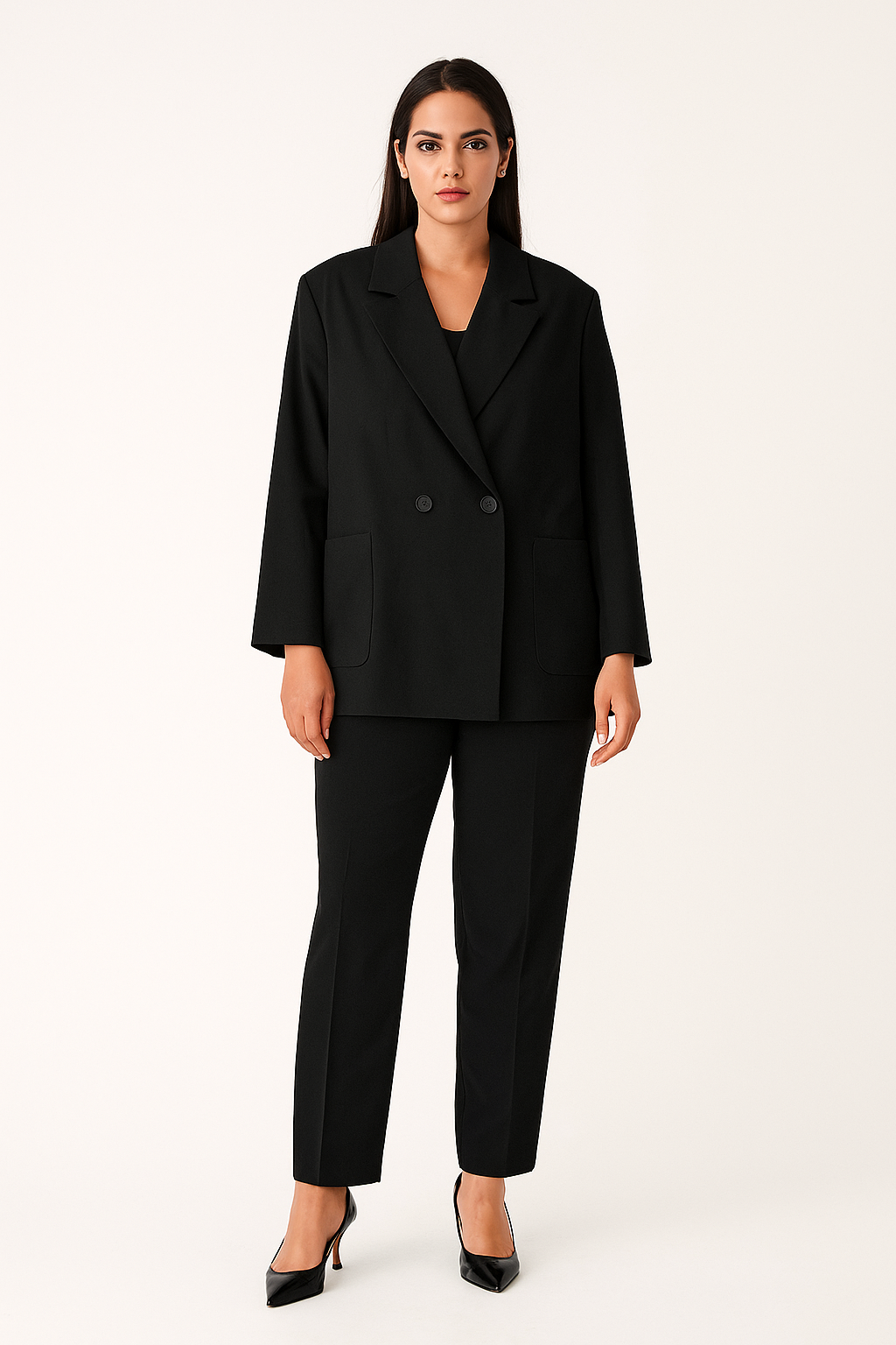 Juodas klasikinis oversize švarkas, patogus ir stilingas, su dviem sagomis ir giliais priekio kišenėmis.