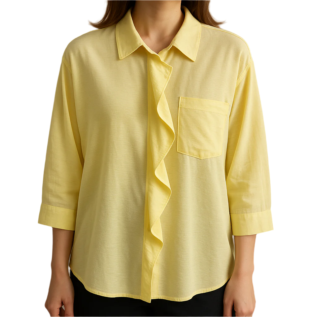 Geltona moteriška palaidinė su dekoratyvine kloste priekyje