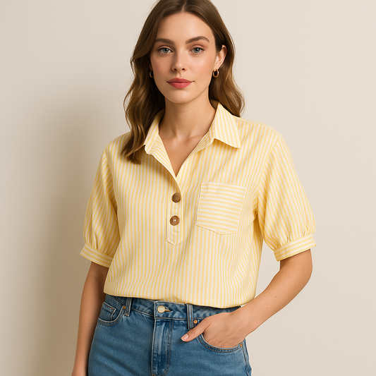 Geltonai balta dryžuota trumpomis rankovėmis moteriška palaidinė su sagomis ir kišenėle priekyje