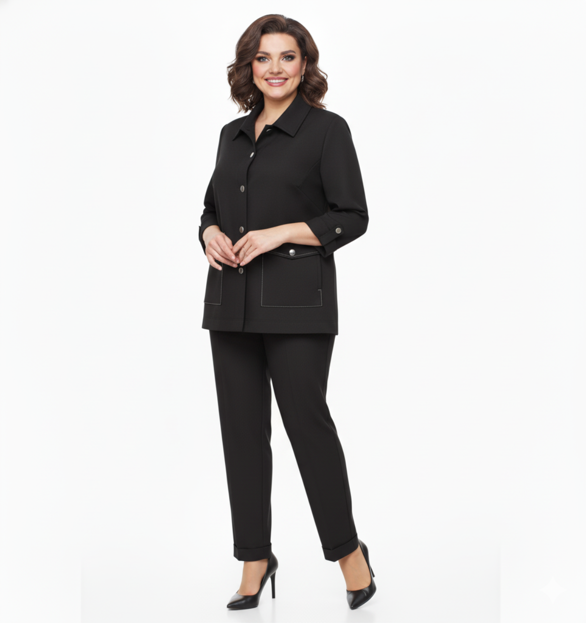 Woman wearing a black suit on a white background