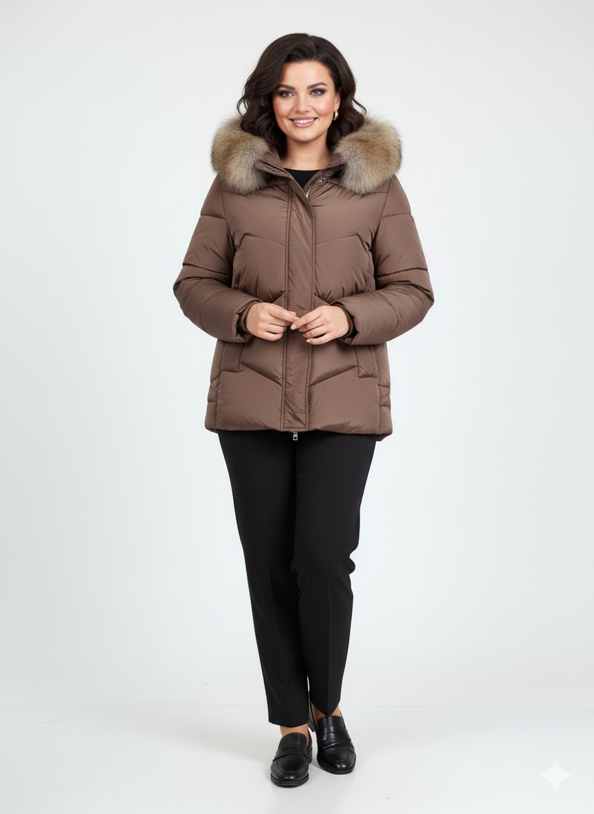 Trumpa šilta moteriška striukė rudeniui ir žiemai, rudos spalvos