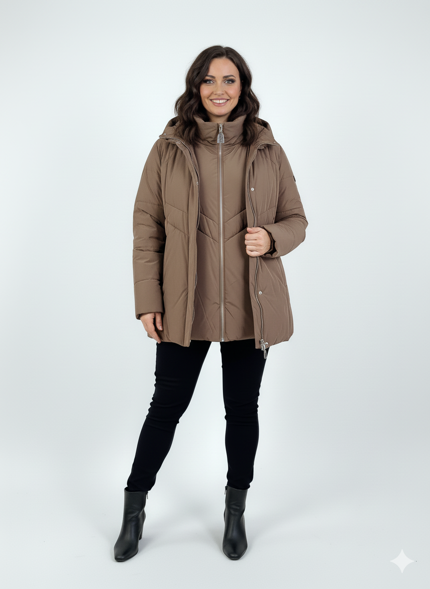 Ruda pūkinė moteriška striukė su užtrauktuku ir kapišonu, lengva ir šilta
