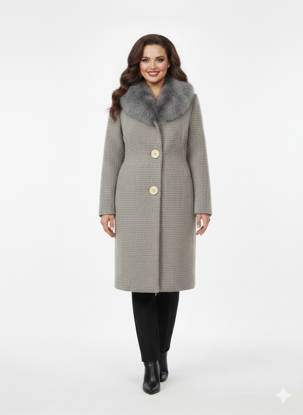 Pilko vilnos mišinio paltas su nusisegančia kailine apykakle ir sagomis