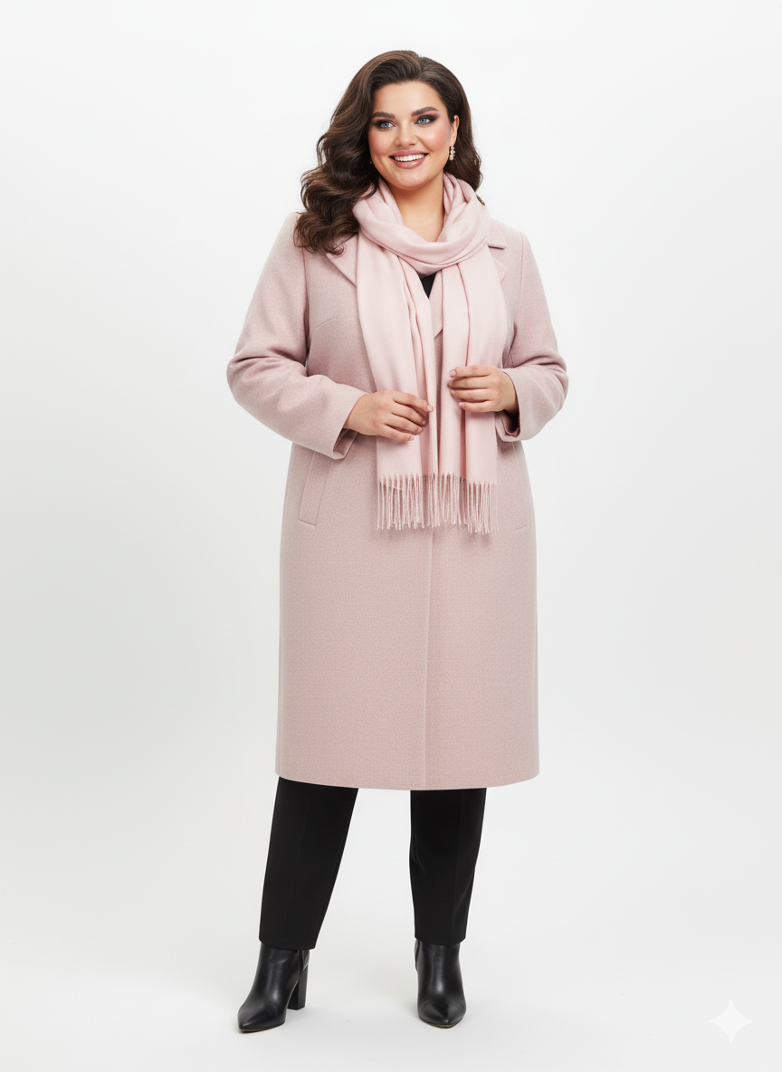 Moteris dėvi rožinį paltą su šaliku, be kailio – klasikinis rudens įvaizdis