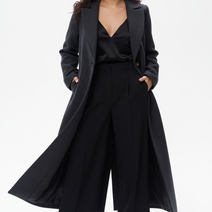 Paltas „Atena“ atvertas – matomas satininis boho pamušalas ir ilgas siluetas.