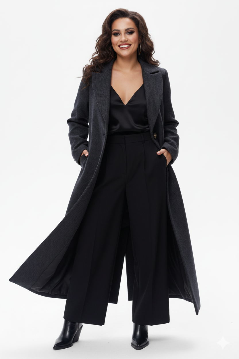 Paltas „Atena“ atvertas – matomas satininis boho pamušalas ir ilgas siluetas