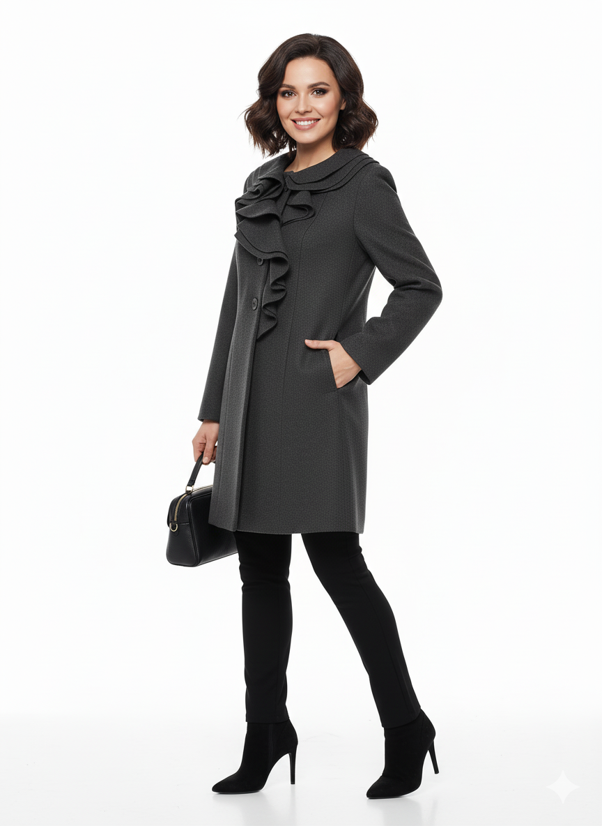 Elegantiškas pilkas paltas su sagomis ir moterišku siluetu
