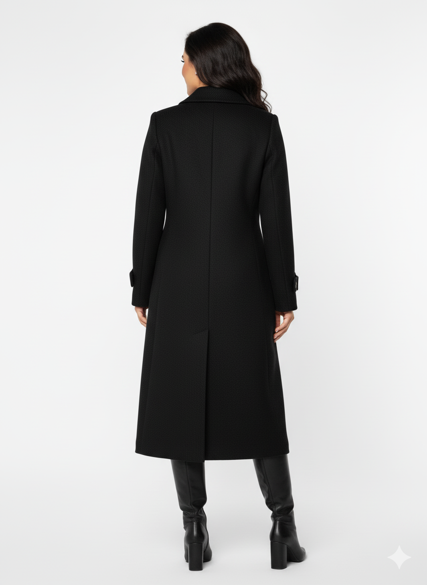 Ilgas juodas moteriškas paltas su dirželiais ant rankovių, klasikinis rudens–žiemos stilius, vaozdas iš nugaros