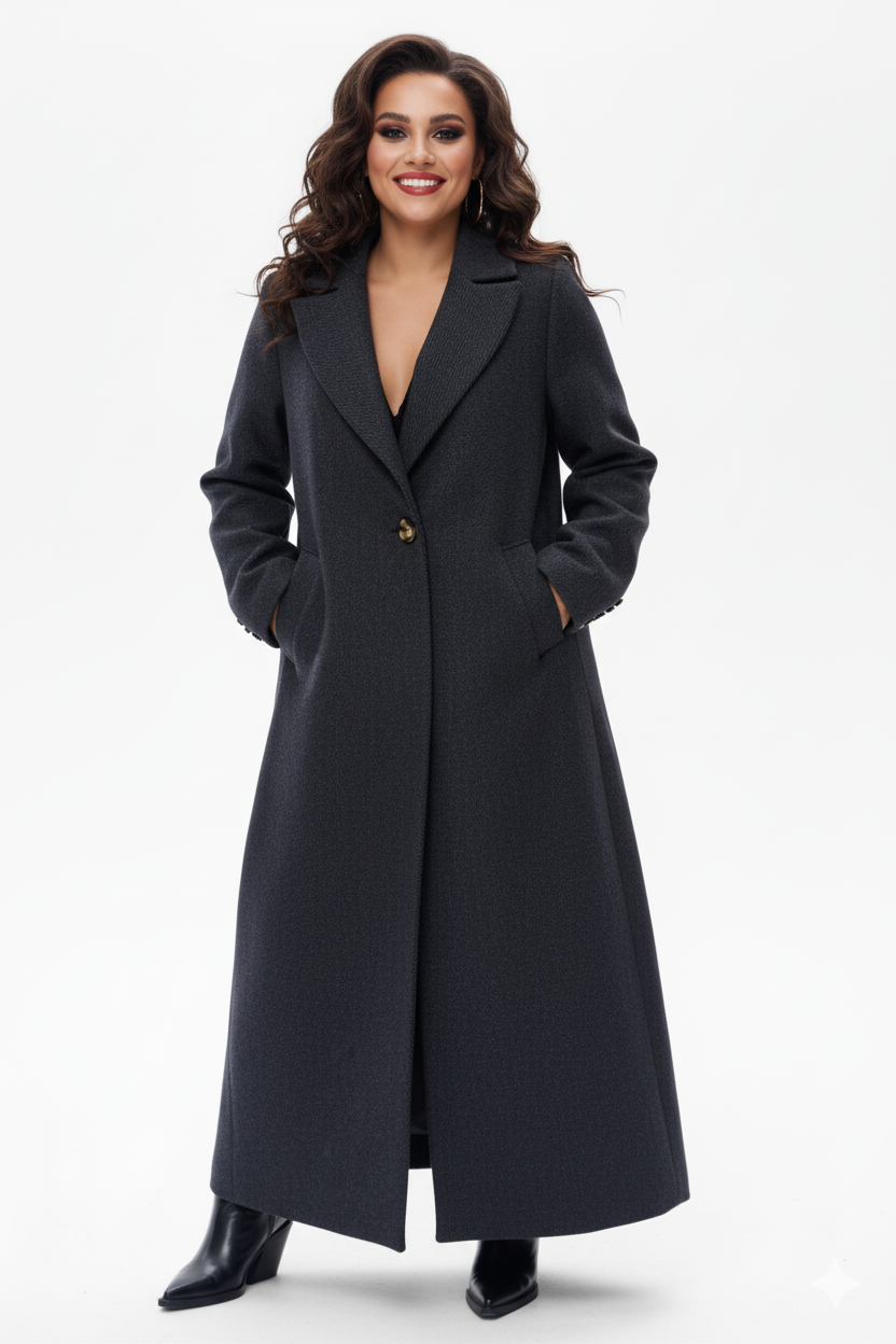 Moteriškas ilgas grafito pilkas vilnonis paltas „Atena“, klasikinis siluetas su atlapais, rankos kišenėse.