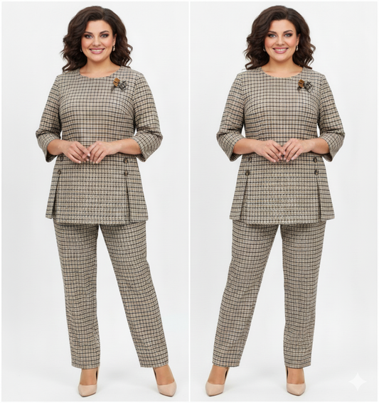 Woman wearing a plaid suit on a white background