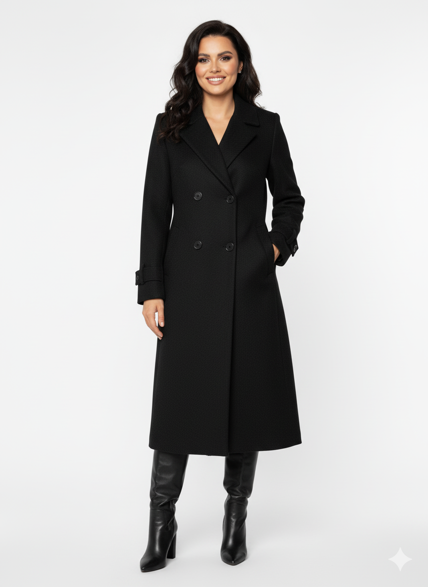 Ilgas juodas moteriškas paltas su dirželiais ant rankovių, klasikinis rudens–žiemos stilius