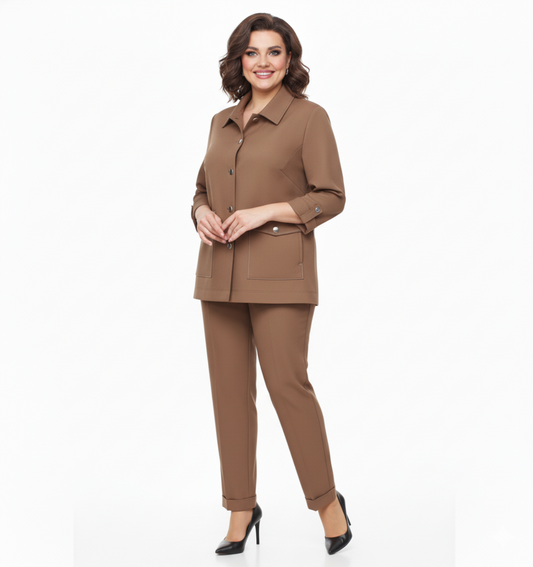 Elegantiškas moteriškas kostiumėlis su švarkeliu ir kelnėmis, tinkamas šventei ar darbui.