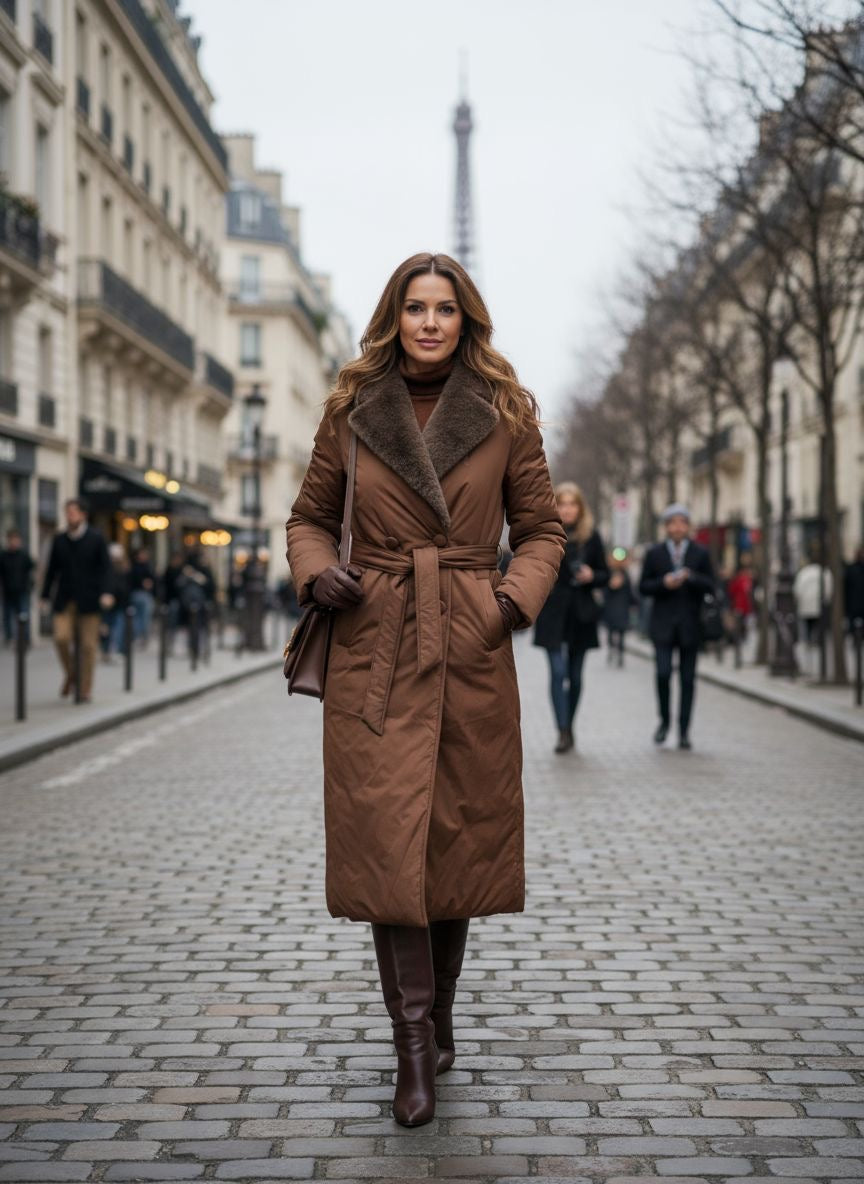 Woman in a brown coat walking on a city street with the Eiffel Tower in the background