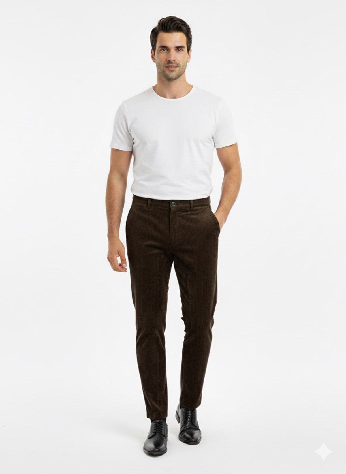 Madingos rudos velvetinės kelnės vyrams su klasikinio kirpimo siluetu.