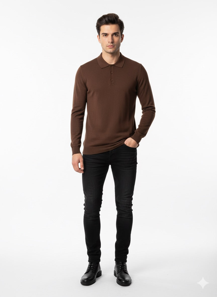 Man wearing a brown long-sleeve polo shirt and black pants on a white background