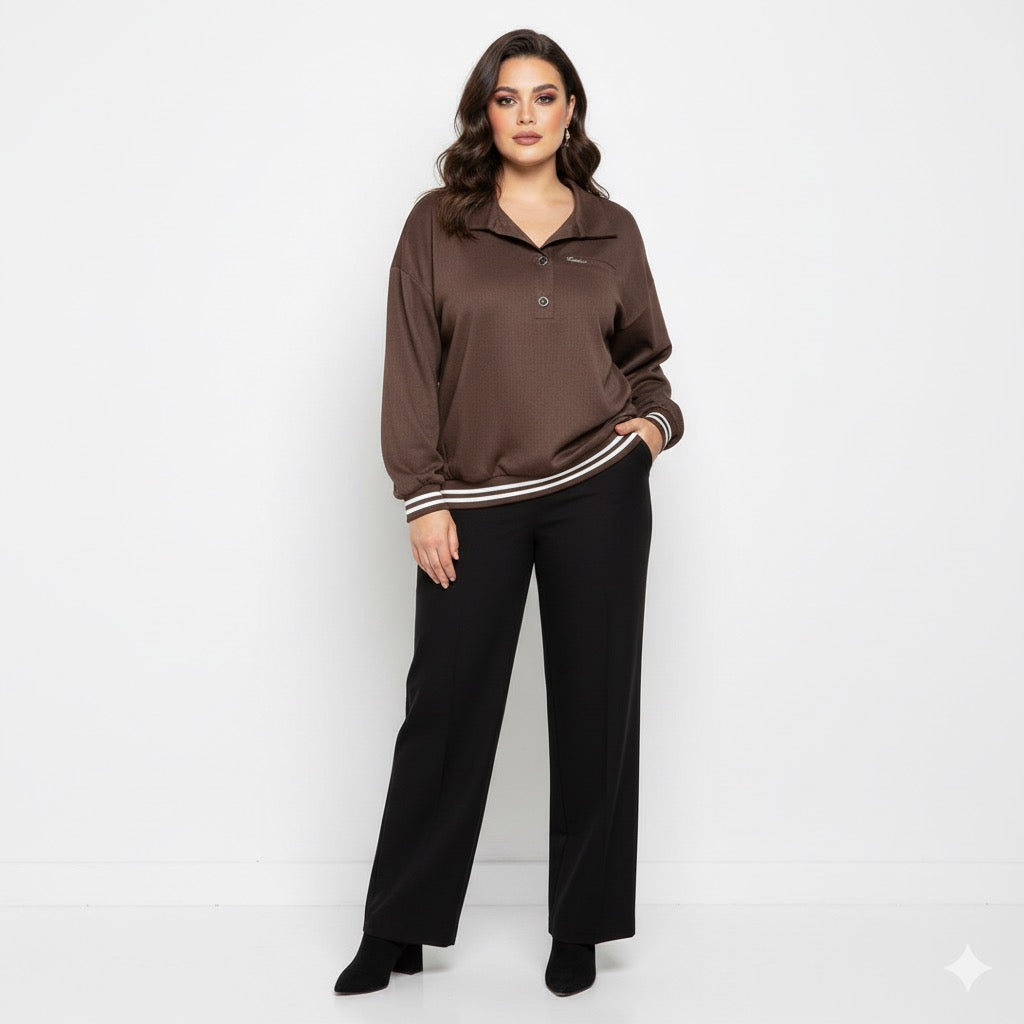 Ruda moteriška palaidinė su apykakle ir dviem sagomis, patogaus laisvo kirpimo dizainas.