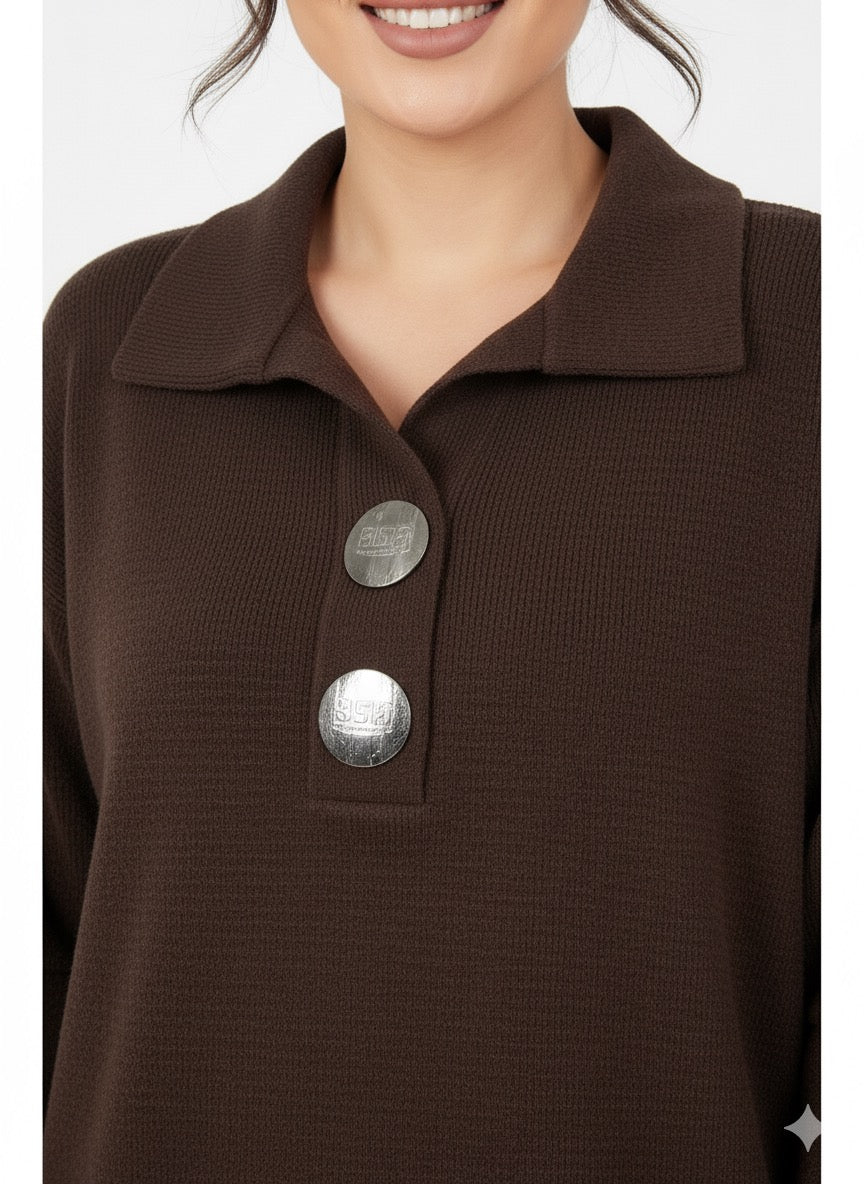 Brown sweater with silver buttons on a white background