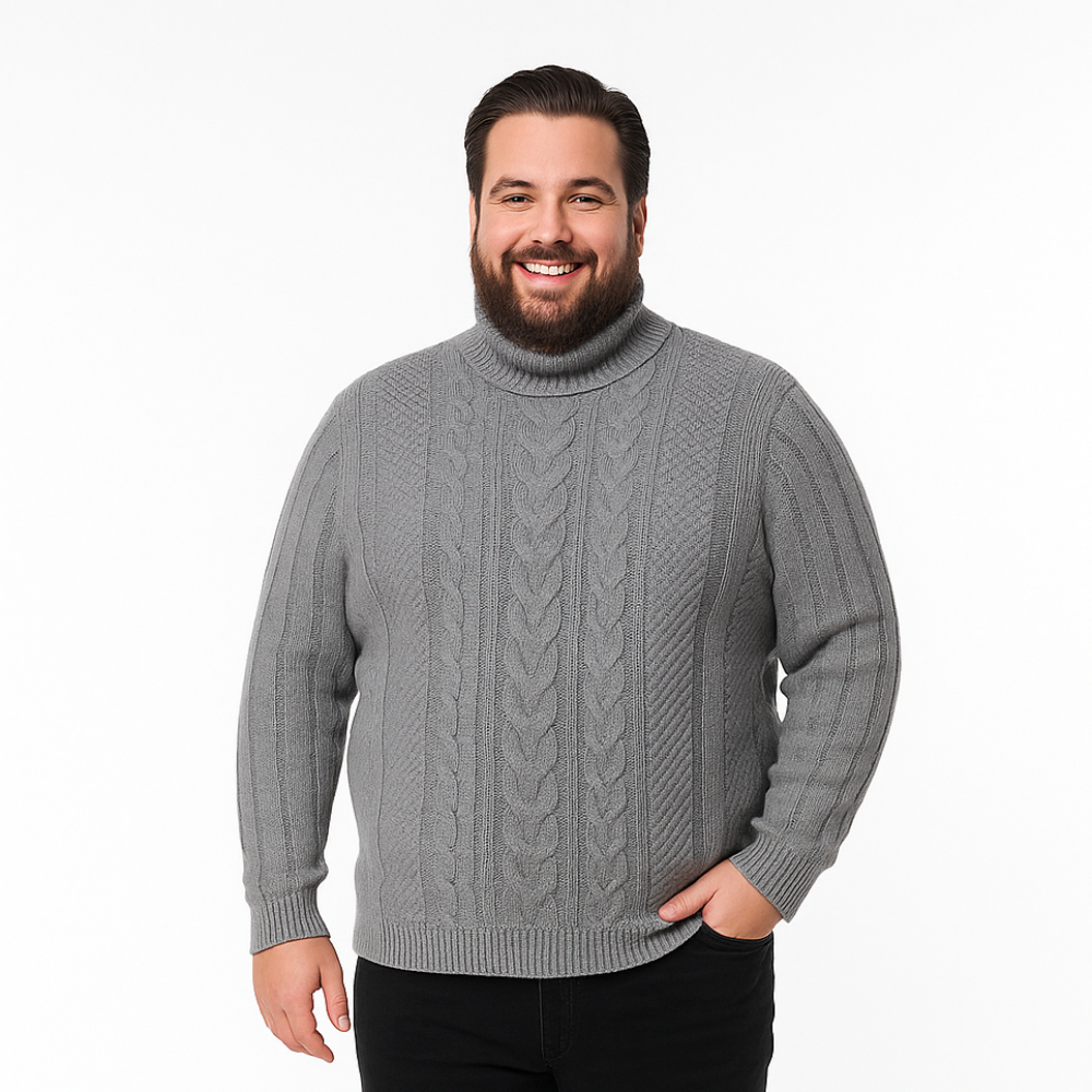 Pilkas vyriškas megztinis su aukštu kaklu ir pintu raštu – didesni dydžiai.