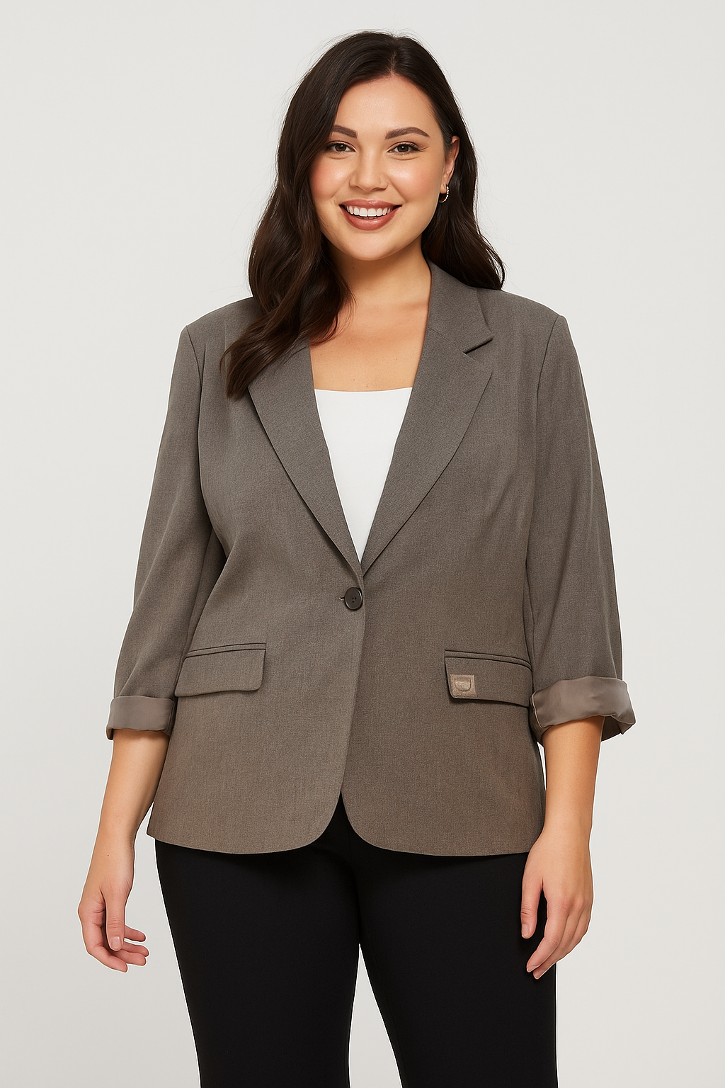 Pilkšvai rudas švarkas, didesnių dydžių moterims (modelis 70130)