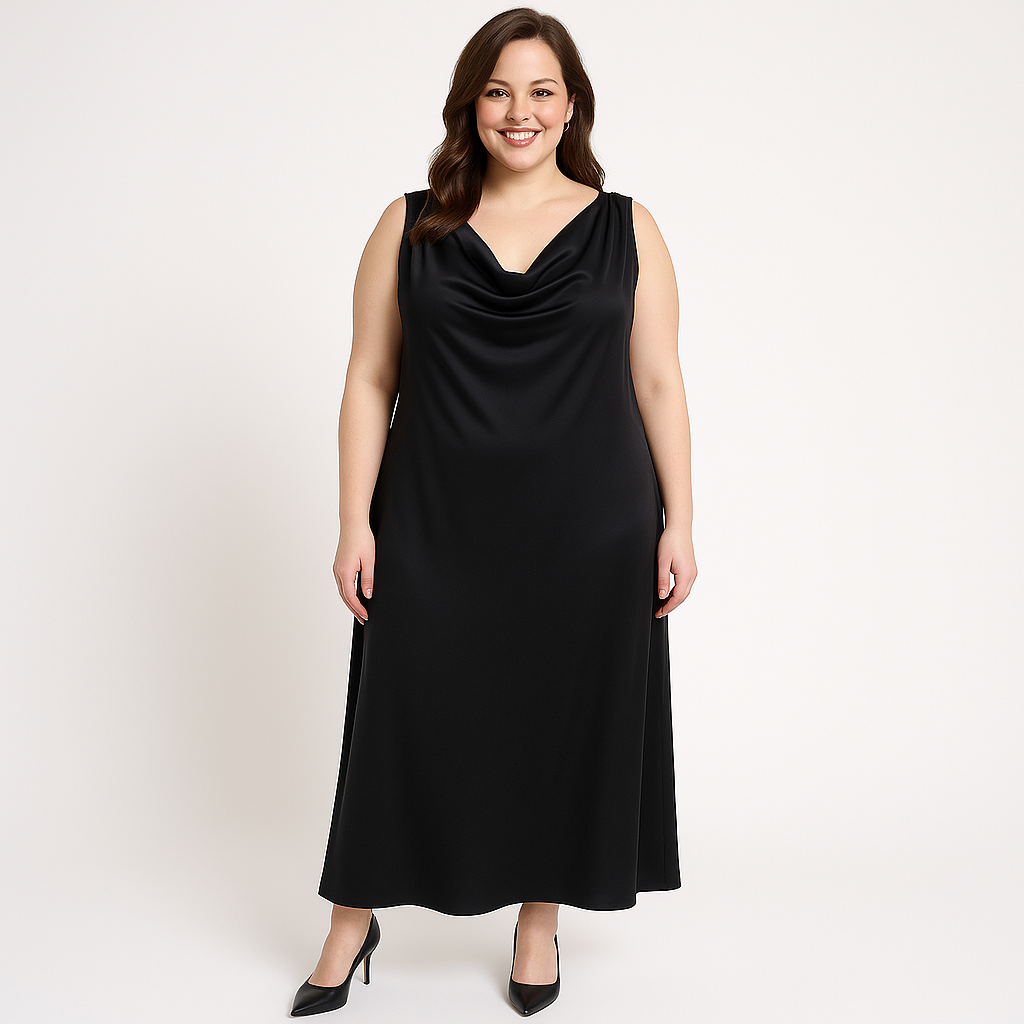 Modelis dėvi juodą ilgą suknelę be rankovių su krintančia iškirpte – elegantiškas vakarinis stilius.

