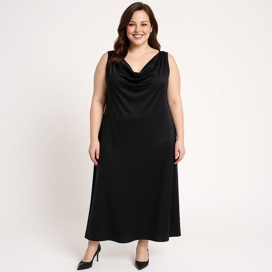 Modelis dėvi juodą ilgą suknelę be rankovių su krintančia iškirpte – elegantiškas vakarinis stilius.

