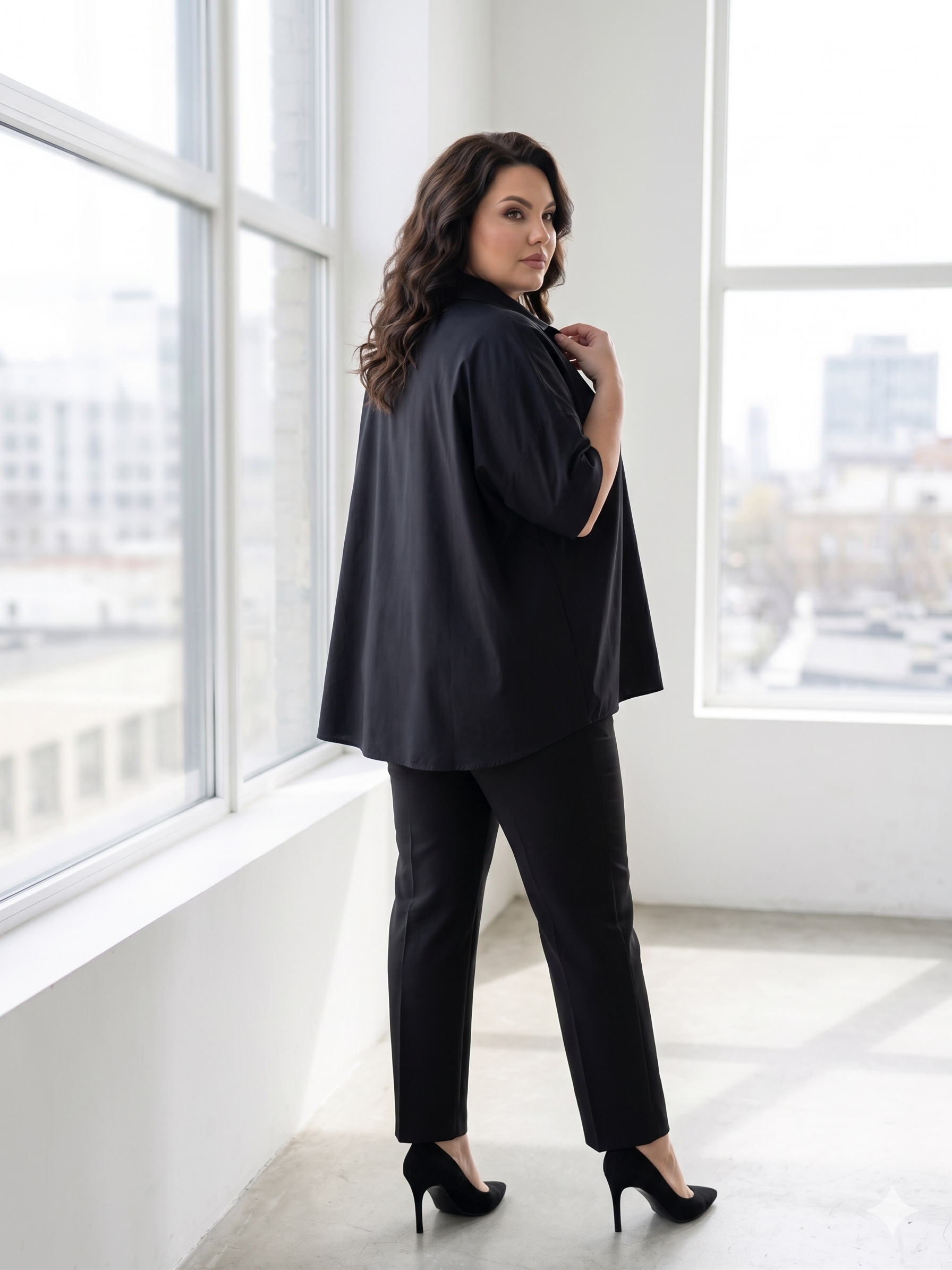 Woman in a black suit standing in a bright room with large windows.