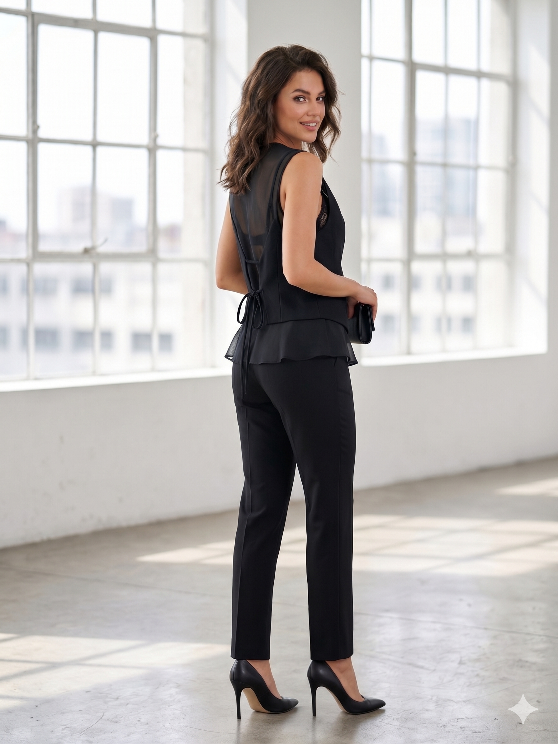 Woman in a black suit standing in a bright room with large windows.