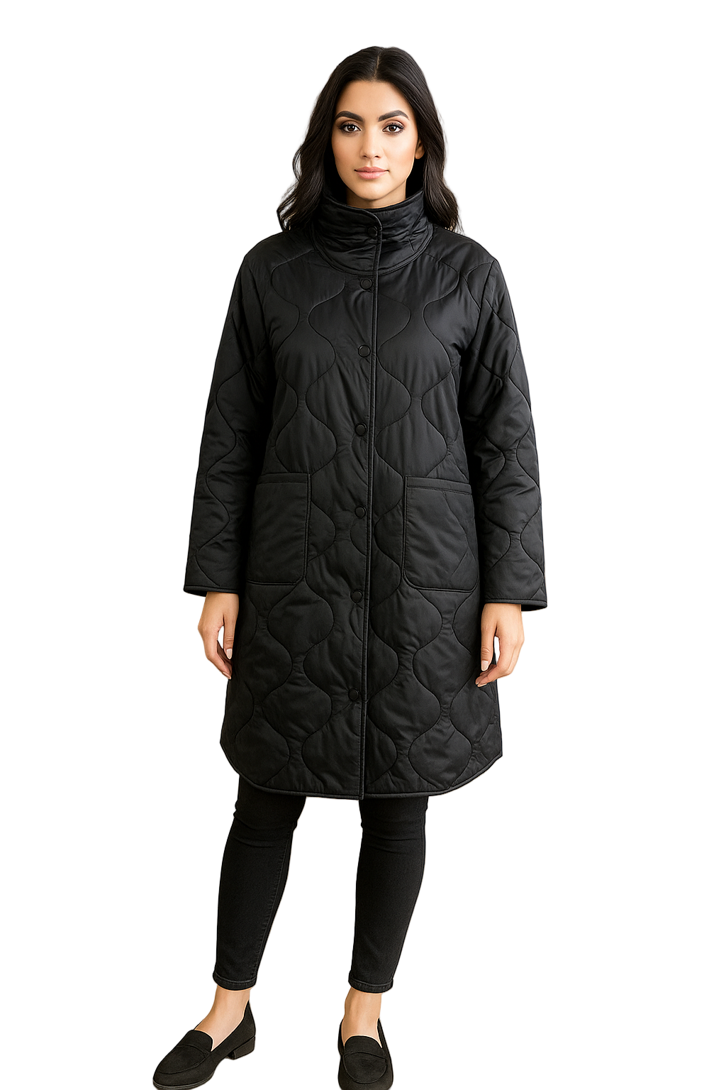 Stilinga moteriška juoda dygsniuota striukė rudens-žiemos sezonui, rodo modelis