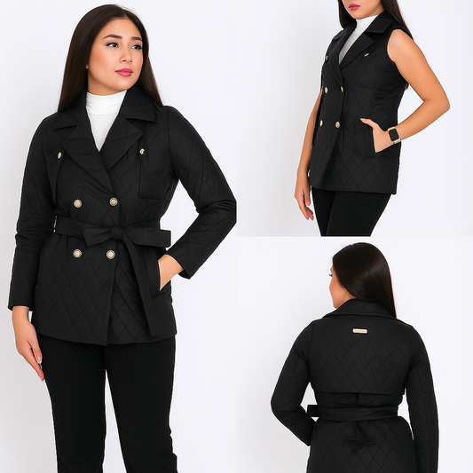 Moteriška juoda striukė-liemenė 2 in 1 ant modelio – stilingas rudens pasirinkimas