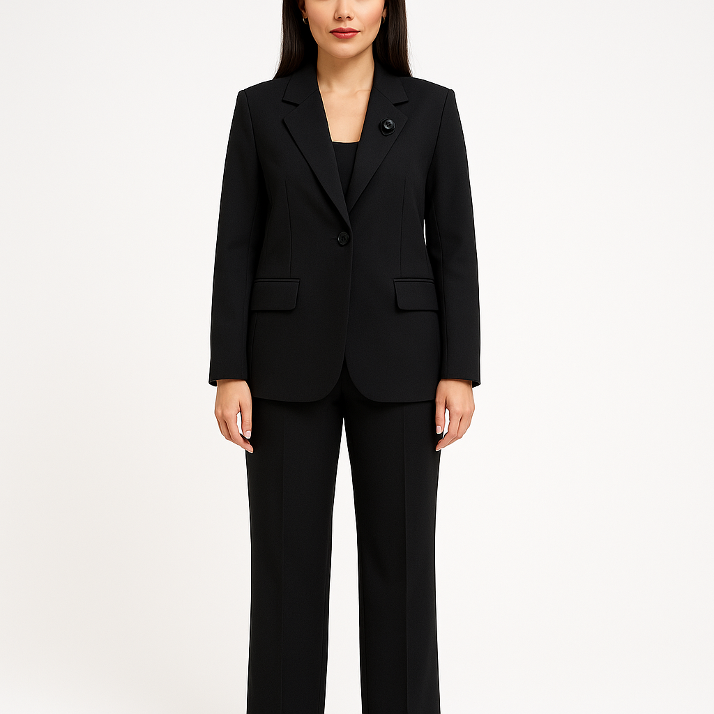 Juodas dviejų dalių moteriškas kostiumėlis – klasikinis švarkas ir kelnės su kantu, demonstruojamas ant modelio.