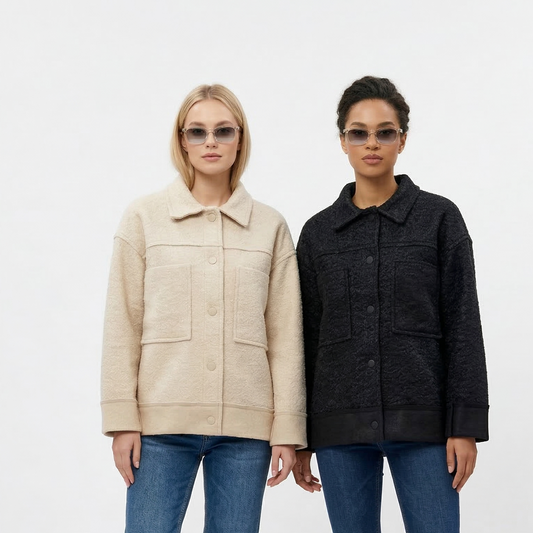 Moteriškas kreminis švarkelis-striukytė su kišenėmis ir spaudėmis ant modelio